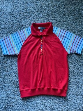 Vintage 80s 90s Blast Rainbow Striped Polo Shirt Medium Taiwan Kidcore Red